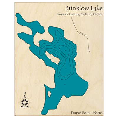 Bathymetric topo map of Brinklow Lake, ON with roads, towns and depths noted in blue water.