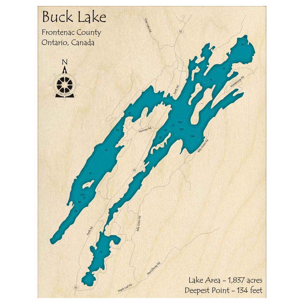 Bathymetric topo map of Buck Lake, ON with roads, towns and depths noted in blue water.