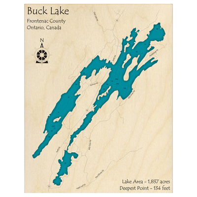 Bathymetric topo map of Buck Lake, ON with roads, towns and depths noted in blue water.