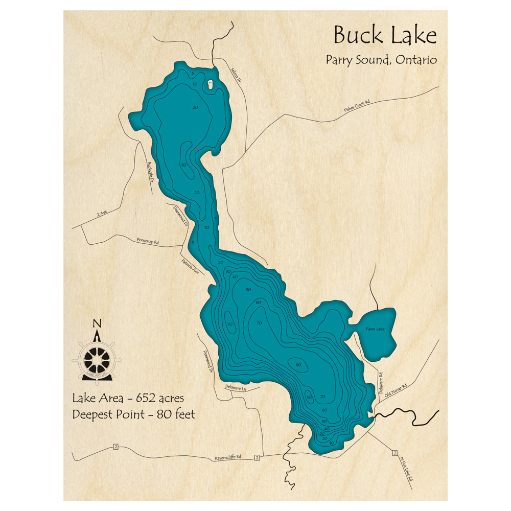 Bathymetric topo map of Buck Lake, ON with roads, towns and depths noted in blue water.