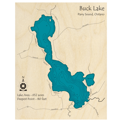Bathymetric topo map of Buck Lake, ON with roads, towns and depths noted in blue water.