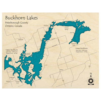 Bathymetric topo map of Buckhorn Lakes, ON with roads, towns and depths noted in blue water.