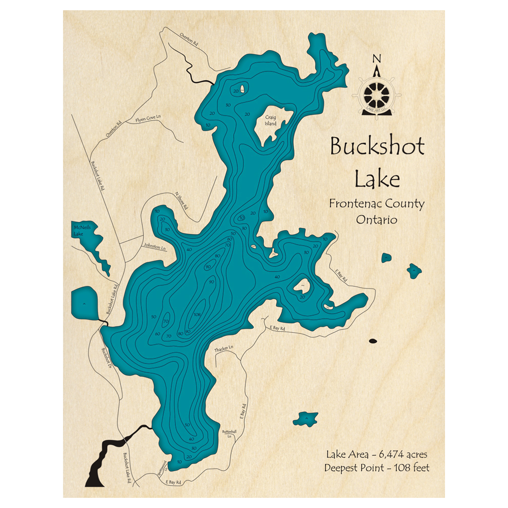 Bathymetric topo map of Buckshot Lake, ON with roads, towns and depths noted in blue water.