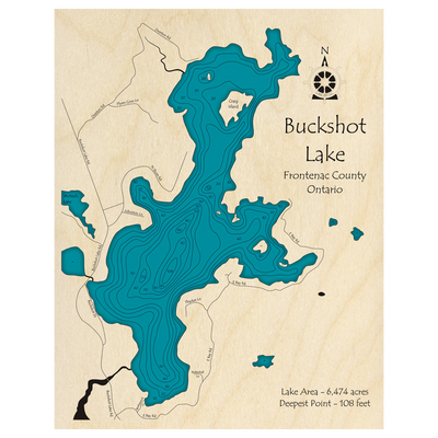 Bathymetric topo map of Buckshot Lake, ON with roads, towns and depths noted in blue water.