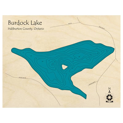 Bathymetric topo map of Burdock Lake, ON with roads, towns and depths noted in blue water.