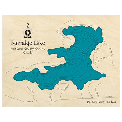 Bathymetric topo map of Burridge Lake, ON with roads, towns and depths noted in blue water.