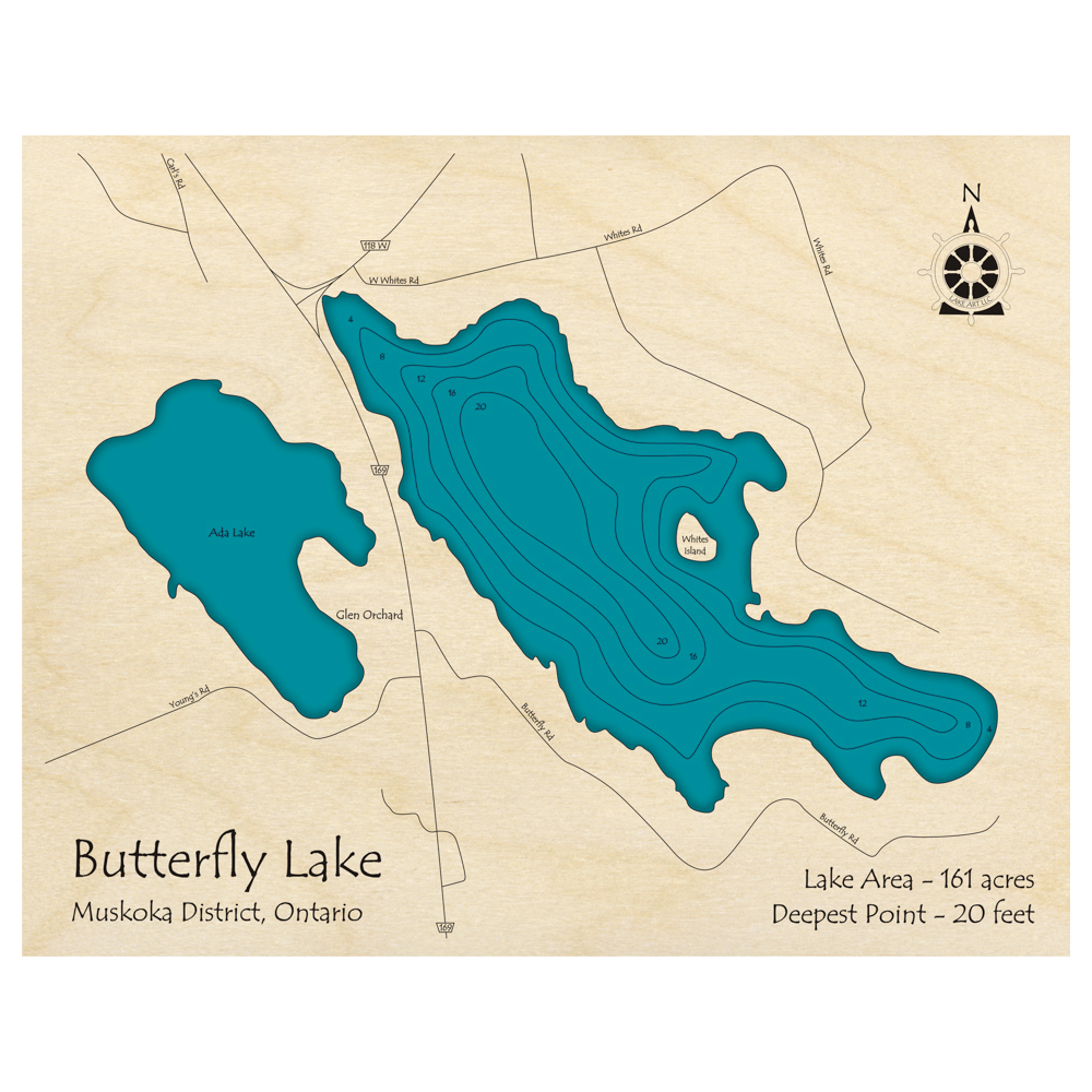 Bathymetric topo map of Butterfly Lake, ON with roads, towns and depths noted in blue water.