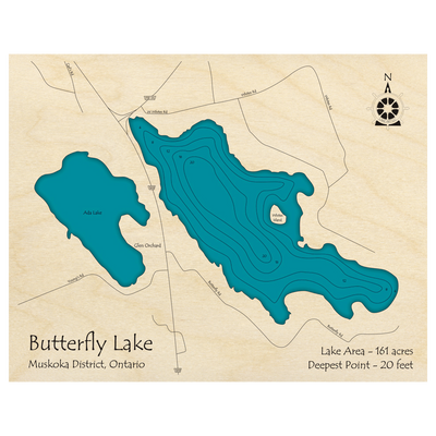 Bathymetric topo map of Butterfly Lake, ON with roads, towns and depths noted in blue water.
