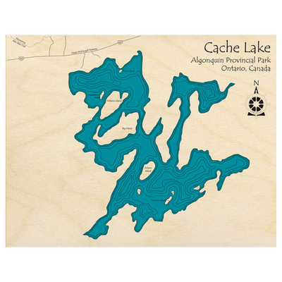 Bathymetric topo map of Cache Lake, ON with roads, towns and depths noted in blue water.