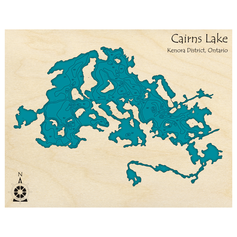 Bathymetric topo map of Cairns Lake, ON with roads, towns and depths noted in blue water.