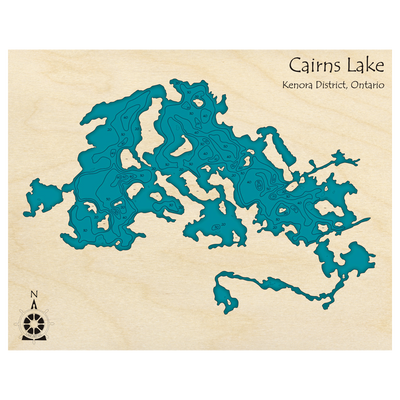 Bathymetric topo map of Cairns Lake, ON with roads, towns and depths noted in blue water.
