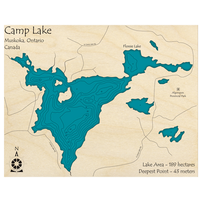 Bathymetric topo map of Camp Lake, ON with roads, towns and depths noted in blue water.