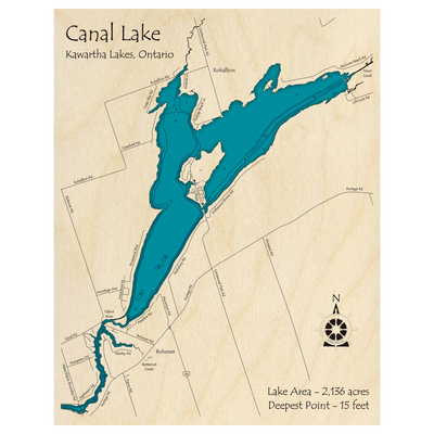 Bathymetric topo map of Canal Lake, ON with roads, towns and depths noted in blue water.