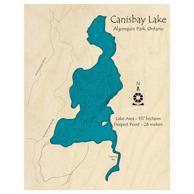 Bathymetric topo map of Canisbay Lake, ON with roads, towns and depths noted in blue water.