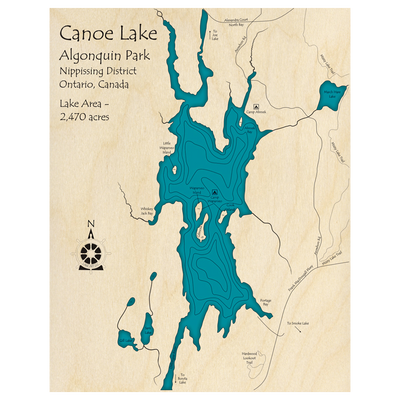 Bathymetric topo map of Canoe Lake, ON with roads, towns and depths noted in blue water.