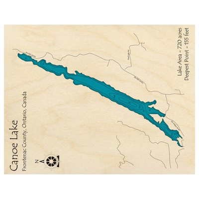 Bathymetric topo map of Canoe Lake, ON with roads, towns and depths noted in blue water.