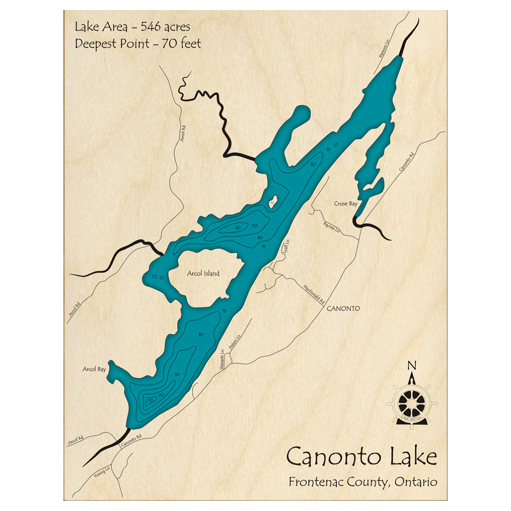 Bathymetric topo map of Canonto Lake, ON with roads, towns and depths noted in blue water.