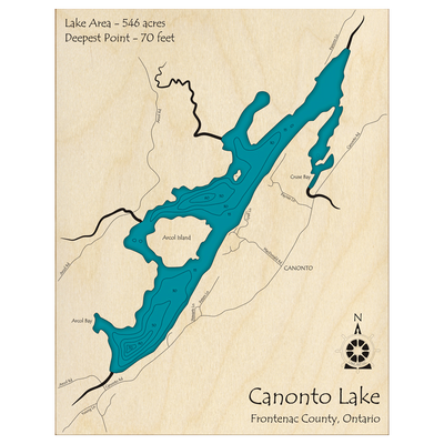Bathymetric topo map of Canonto Lake, ON with roads, towns and depths noted in blue water.
