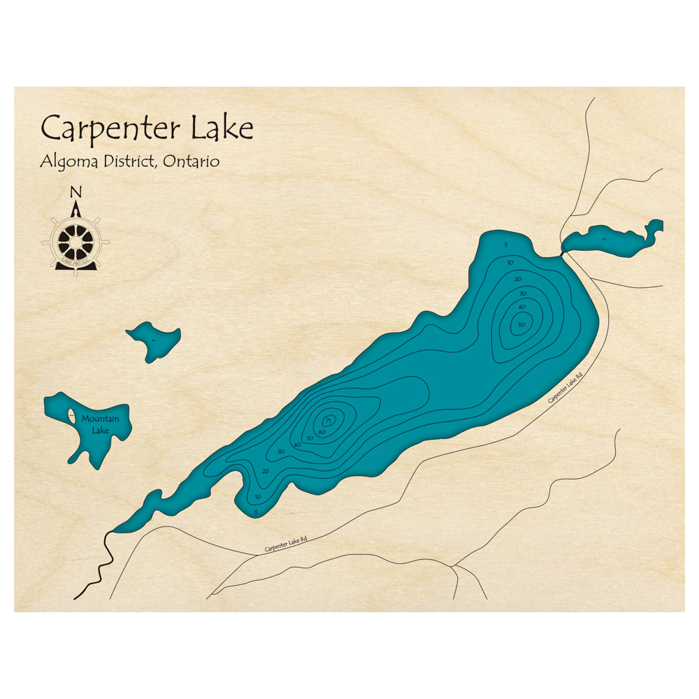 Bathymetric topo map of Carpenter Lake, ON with roads, towns and depths noted in blue water.