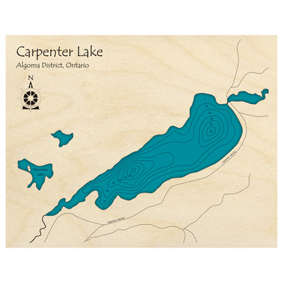 Bathymetric topo map of Carpenter Lake, ON with roads, towns and depths noted in blue water.
