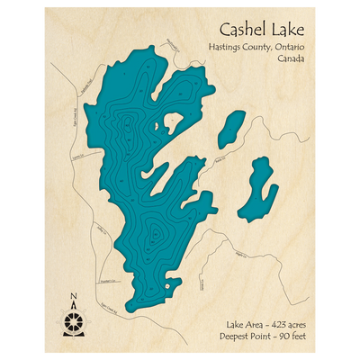 Bathymetric topo map of Cashel Lake, ON with roads, towns and depths noted in blue water.
