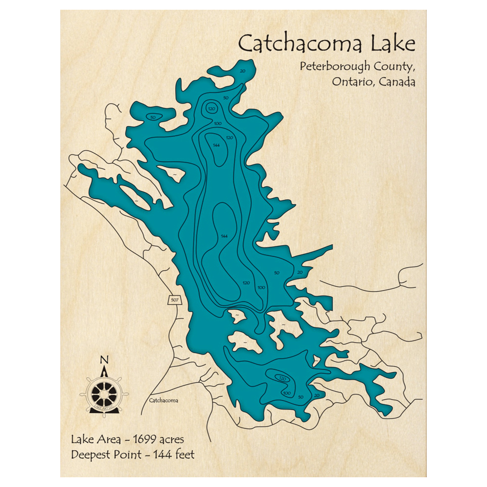 Bathymetric topo map of Catchacoma Lake, ON with roads, towns and depths noted in blue water.