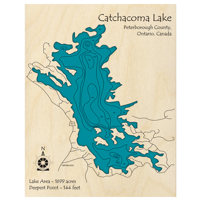 Bathymetric topo map of Catchacoma Lake, ON with roads, towns and depths noted in blue water.