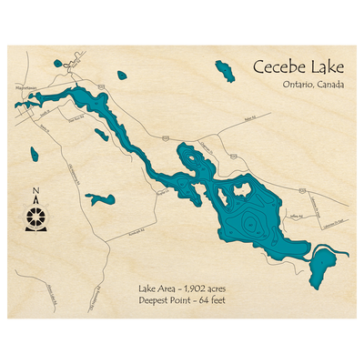 Bathymetric topo map of Cecebe Lake, ON with roads, towns and depths noted in blue water.
