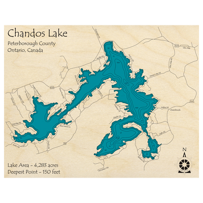 Bathymetric topo map of Chandos Lake, ON with roads, towns and depths noted in blue water.