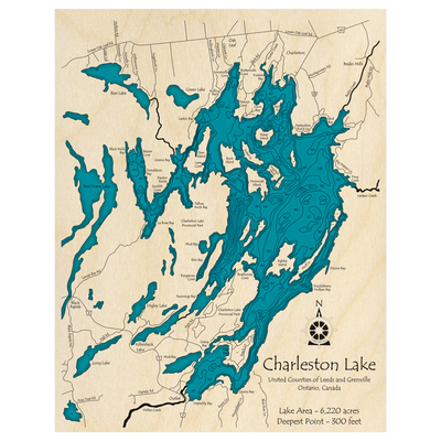 Bathymetric topo map of Charleston Lake, ON with roads, towns and depths noted in blue water.