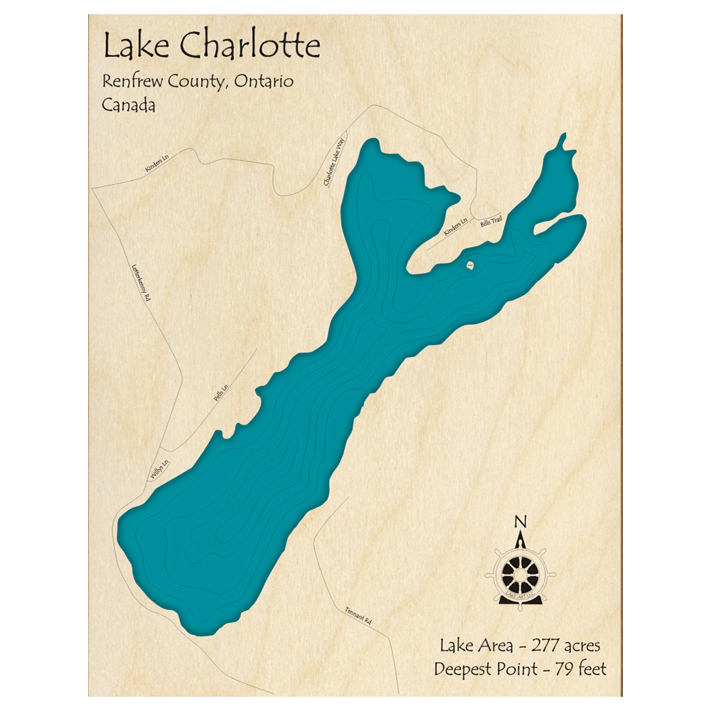 Bathymetric topo map of Lake Charlotte, ON with roads, towns and depths noted in blue water.