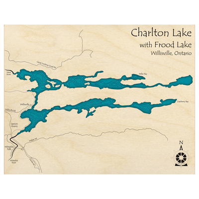 Bathymetric topo map of Charlton Lake with Frood Lake, ON with roads, towns and depths noted in blue water.