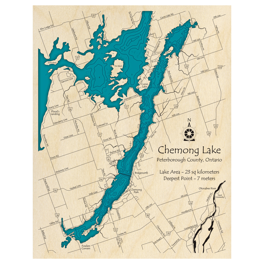 Bathymetric topo map of Chemong Lake, ON with roads, towns and depths noted in blue water.