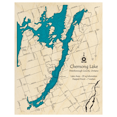 Bathymetric topo map of Chemong Lake, ON with roads, towns and depths noted in blue water.