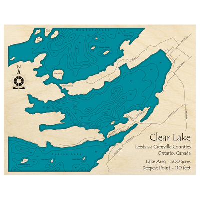 Bathymetric topo map of Clear Lake, ON with roads, towns and depths noted in blue water.