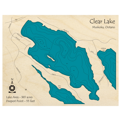 Bathymetric topo map of Clear Lake, ON with roads, towns and depths noted in blue water.