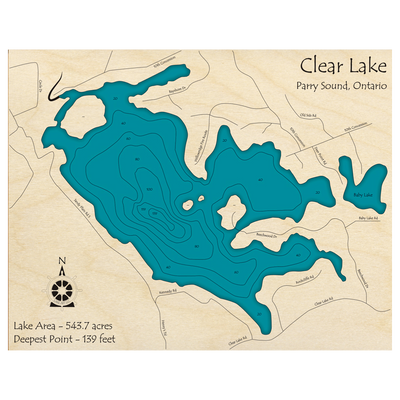 Bathymetric topo map of Clear Lake, ON with roads, towns and depths noted in blue water.