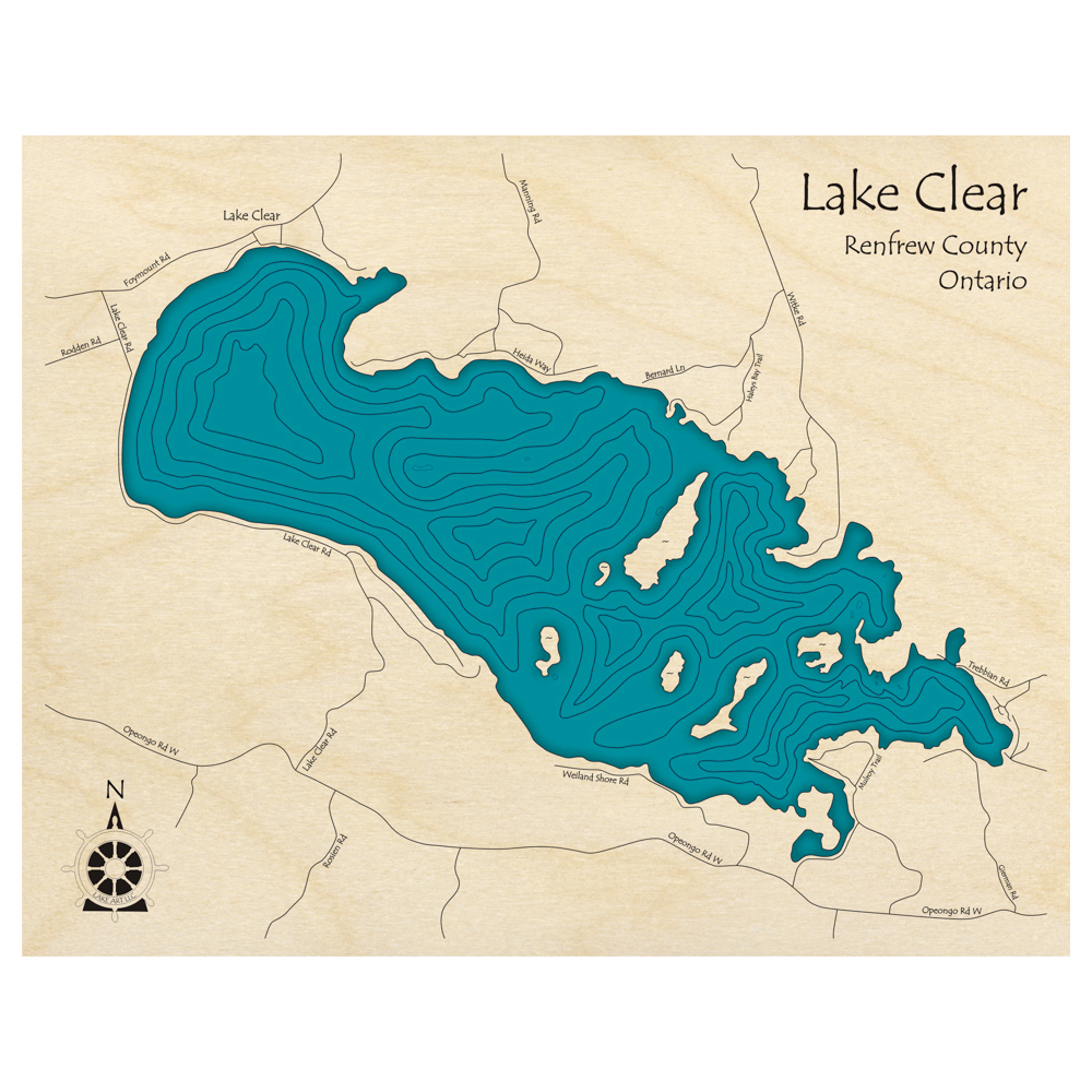 Bathymetric topo map of Lake Clear, ON with roads, towns and depths noted in blue water.