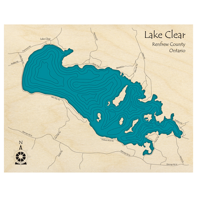 Bathymetric topo map of Lake Clear, ON with roads, towns and depths noted in blue water.