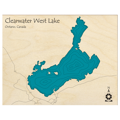 Bathymetric topo map of Clearwater Lake, ON with roads, towns and depths noted in blue water.