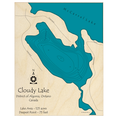 Bathymetric topo map of Cloudy Lake, ON with roads, towns and depths noted in blue water.