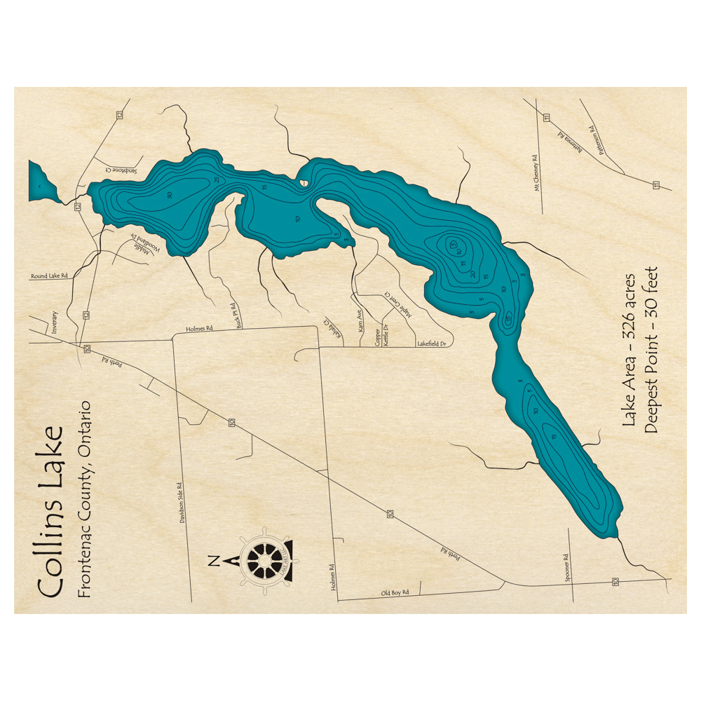 Bathymetric topo map of Collins Lake, ON with roads, towns and depths noted in blue water.