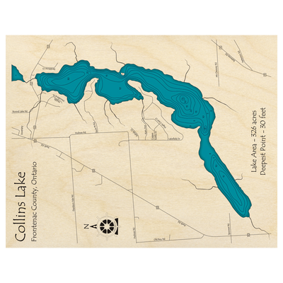 Bathymetric topo map of Collins Lake, ON with roads, towns and depths noted in blue water.