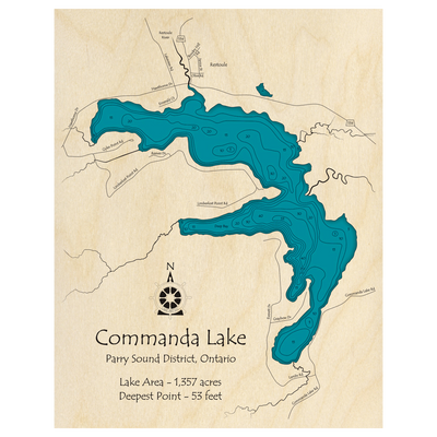 Bathymetric topo map of Commanda Lake, ON with roads, towns and depths noted in blue water.