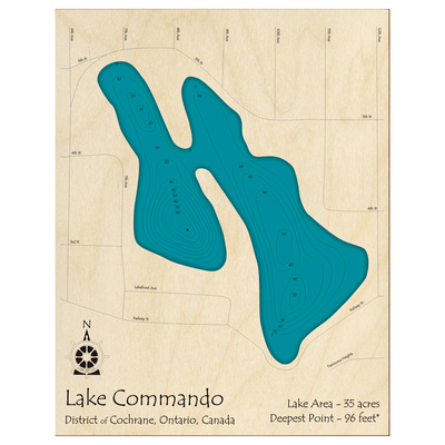 Bathymetric topo map of Lake Commando, ON with roads, towns and depths noted in blue water.
