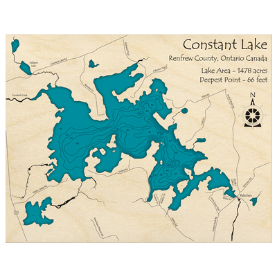 Bathymetric topo map of Constant Lake, ON with roads, towns and depths noted in blue water.