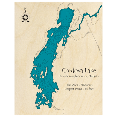 Bathymetric topo map of Cordova Lake, ON with roads, towns and depths noted in blue water.