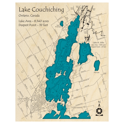 Bathymetric topo map of Lake Couchiching, ON with roads, towns and depths noted in blue water.
