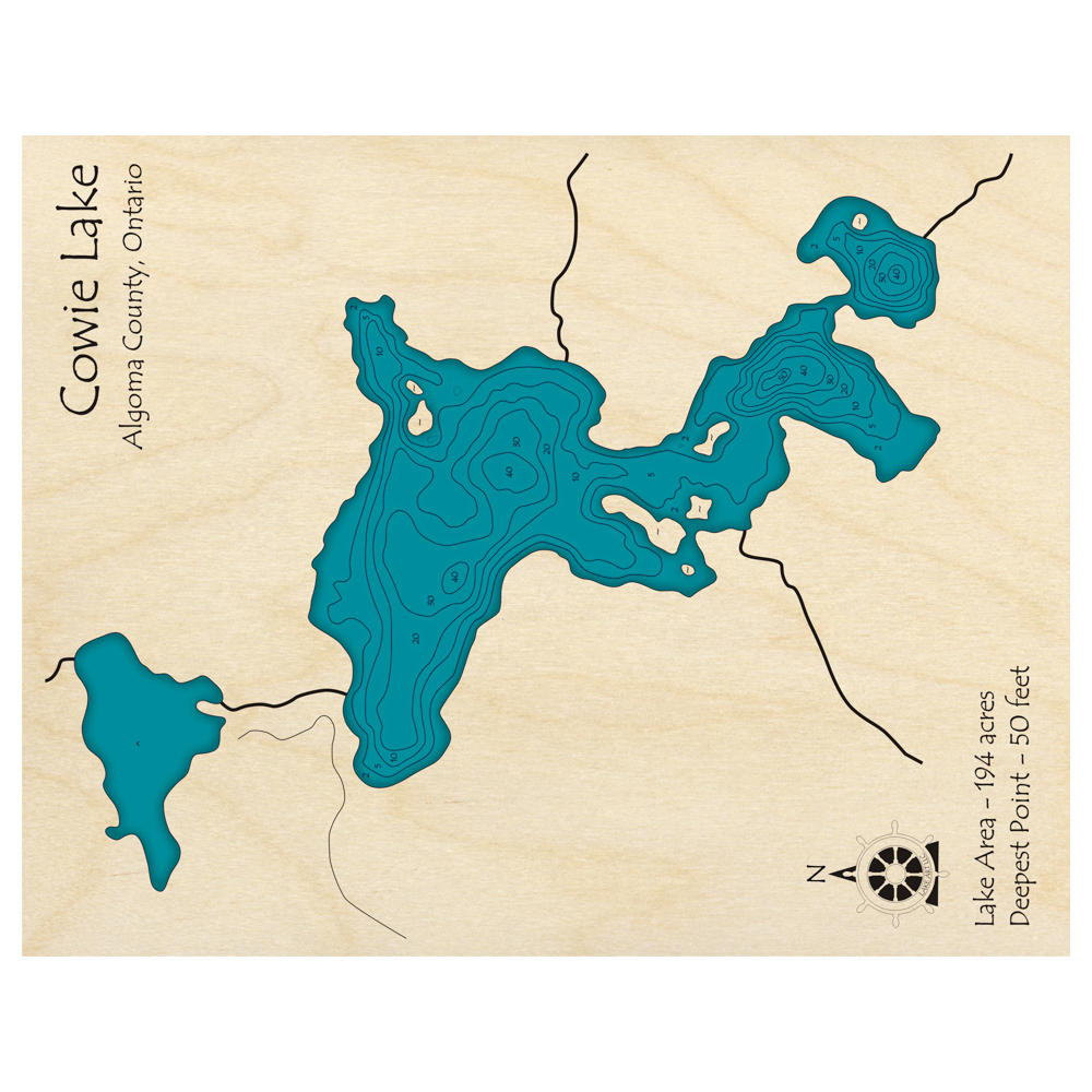 Bathymetric topo map of Cowie Lake, ON with roads, towns and depths noted in blue water.