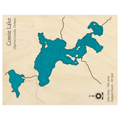 Bathymetric topo map of Cowie Lake, ON with roads, towns and depths noted in blue water.